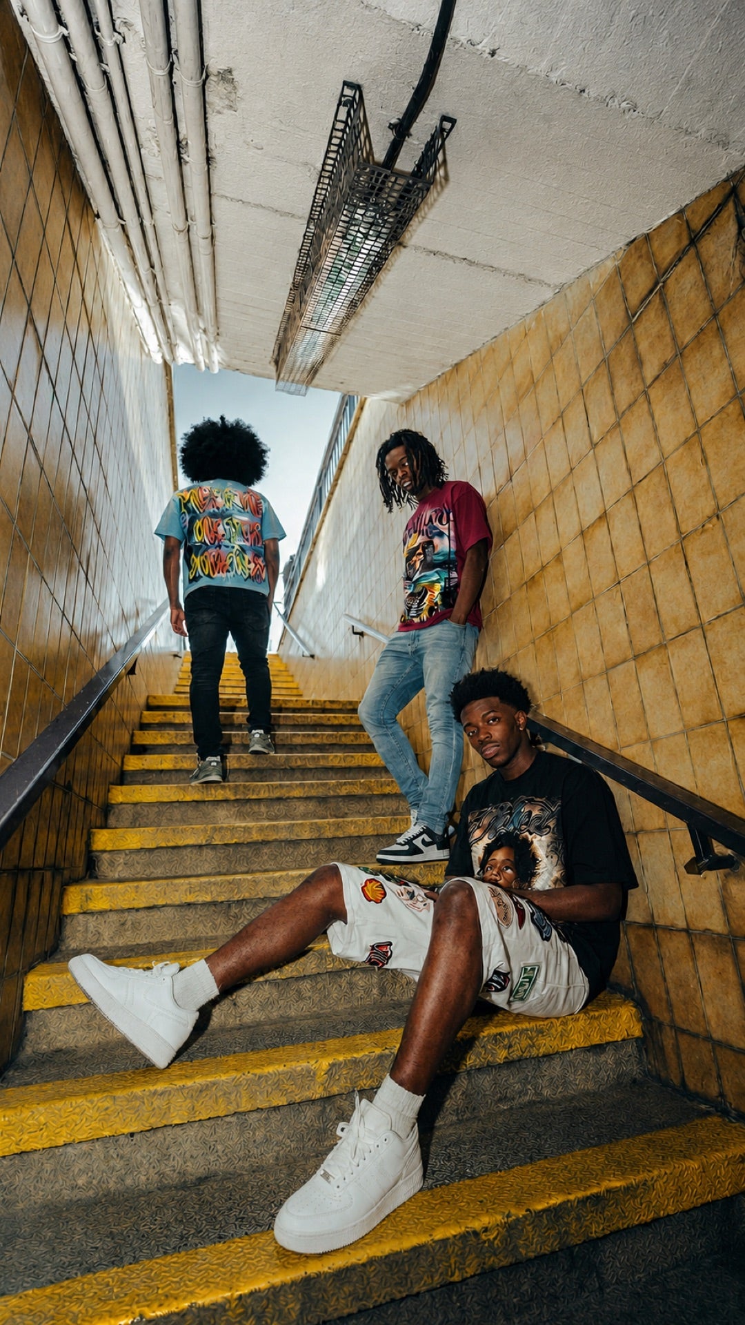 VTILTED — three models in graphic streetwear on subway stairs