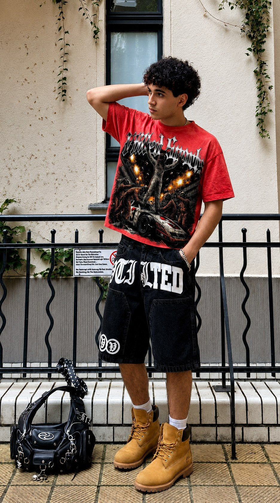 VTILTED Summer 2 26 hero - model in red graphic tee and black jorts